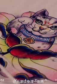 伝統的な蓮の手招き猫タトゥー原稿画像