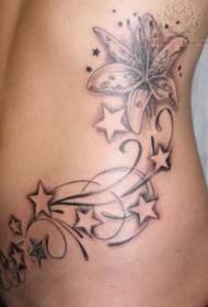 Waist gray five-pointed star vine and lily tattoo