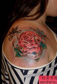 Shoulder color rose small swallow tattoo pattern