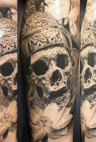 Ancient skull helmet tattoo in arm realistic style