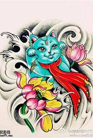 Colorful lucky cat lotus tattoo manuscript pattern