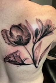 Girl's back on black gray prickly abstract line literary plant flower tattoo picture