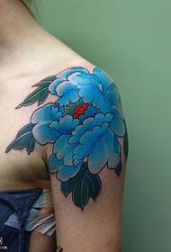 Blue peony tattoo pattern on the shoulder