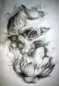 Црна и сива скица убава лотос череп, креативен доминирачки рафиниран ракопис за тетоважи