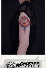 Brazo de niña hermoso y hermoso patrón de tatuaje de loto de color