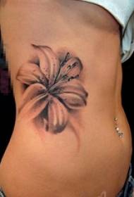 Girl's side waist on black gray point thorn plant material lily tattoo picture