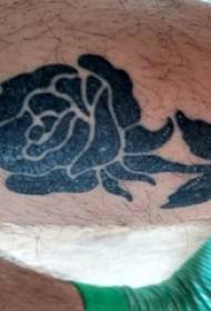Schoolboy calf on black abstract lines plant leaves and flowers rose tattoo picture