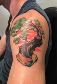 Рука хлопчыка намаляваная на градыентным раслінным матэрыяле на малюнку татуіроўкі вялікага дрэва