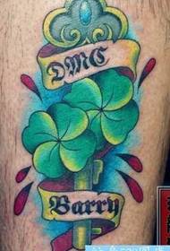 Leg color four-leaf clover key tattoo pattern