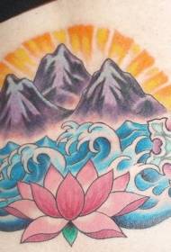 Waist colorful mountain sea with lotus tattoo pattern
