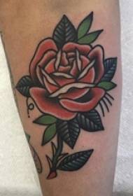 Schoolgirl calf painted abstract lines plant leaves and flowers rose tattoo picture
