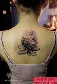 Beautiful black gray lotus tattoo pattern on the back of girls