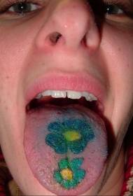 舌头上蓝色的雏菊花朵纹身图案