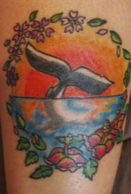 Wavy tail tattoo pattern under the legs colored sunset