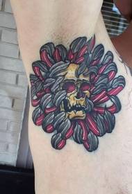 Crouching new style of colored flowers with human skull tattoo