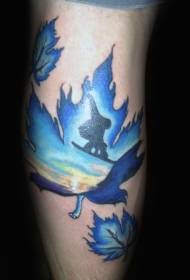 Calf snowboard color and blue maple leaf tattoo pattern