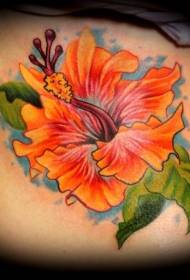 Female waist side color hibiscus tattoo pattern
