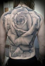Pilns muguras pelēks reālistisks rožu tetovējums