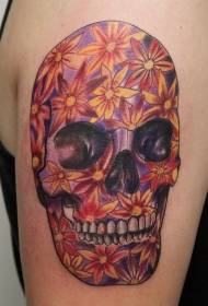 Shoulder color flower pattern skull tattoo pattern