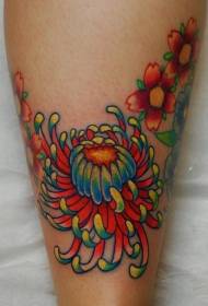 日本七彩花朵紋身圖案與雙腿鮮豔