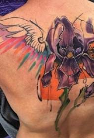 Jongens beschilderd op de rug met eenvoudige lijnen vleugels en bloemen tattoo foto's
