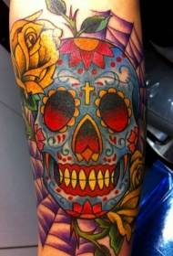 Arm colored yellow rose sugar skull tattoo pattern