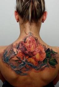 Girl back colored roses and pigeons tattoo pattern
