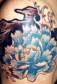 Big arm asian blue peony flower tattoo pattern