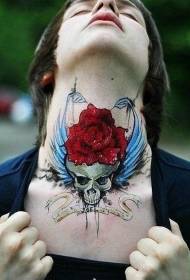 Neck beautiful red rose wings skull tattoo pattern