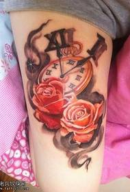 Leg rose alarm clock tattoo pattern