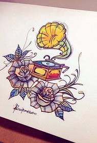 Stilingas gražios spalvos gramofono rožių tatuiruotės rankraštinis paveikslėlis