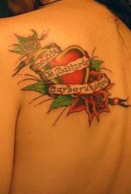 Рамо оцветена червена роза и сърце татуировка снимка