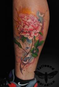 Leg water color peony flower with butterfly tattoo pattern