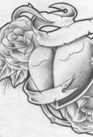 黒灰色のスケッチ創造的な文学的な美しい花のハート型のタトゥー原稿