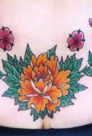 Female back color flower tattoo pattern