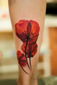 Patrón realista de tatuaxes de amapolas vermellas nas pernas