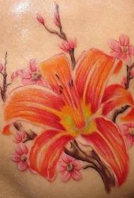 Chest color lily and sakura tattoo pattern
