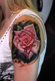 Girls shoulders realistic rose and dewdrop tattoo pattern