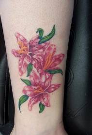 Leg color pink lily tattoo pattern
