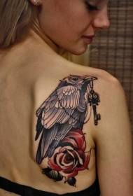 Illustrator style color shoulder crow and rose tattoo