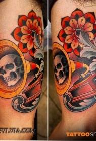 Arm vintage style multicolored gramophone with skull tattoo
