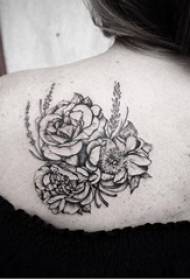 Girl back black line sketch literary beautiful flower tattoo picture