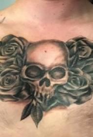 Boys chest on black gray sketch creative skull and rose tattoo pictures