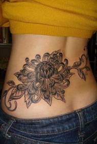 Large chrysanthemum tattoo pattern in black and gray style at the waist