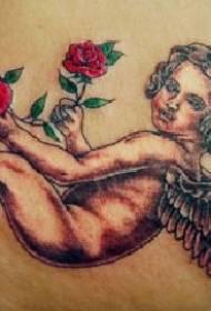 ချစ်စရာလေးကောင်းကင်တမန်နှလုံးပုံသဏ္ဌာန်နှင့်နှင်းဆီ tattoo ပုံစံ
