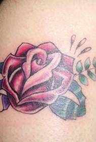 Shoulder colored red rose with leaves tattoo pattern