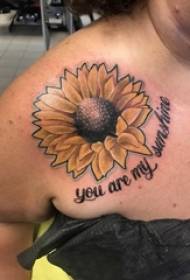 Girl shoulder painting abstract lines English short sentences and sunflower tattoo pictures