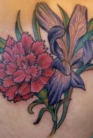 康乃馨和蓝色花朵艺术纹身图案