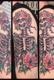 Boy's arm painted watercolor sketch beautiful flower skull bone tattoo picture