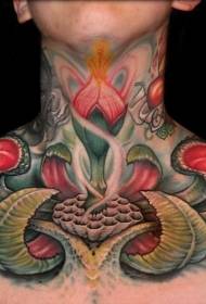 Patrón de tatuaje de flor de fantasía colorido peculiar en el cuello